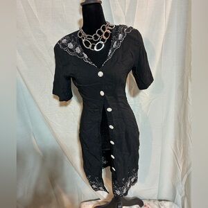 VTG Black Button-Up Dress with Lace Details Size Xtra Small